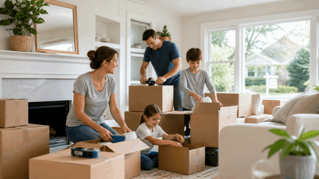Family packing moving boxes in a bright Connecticut living room