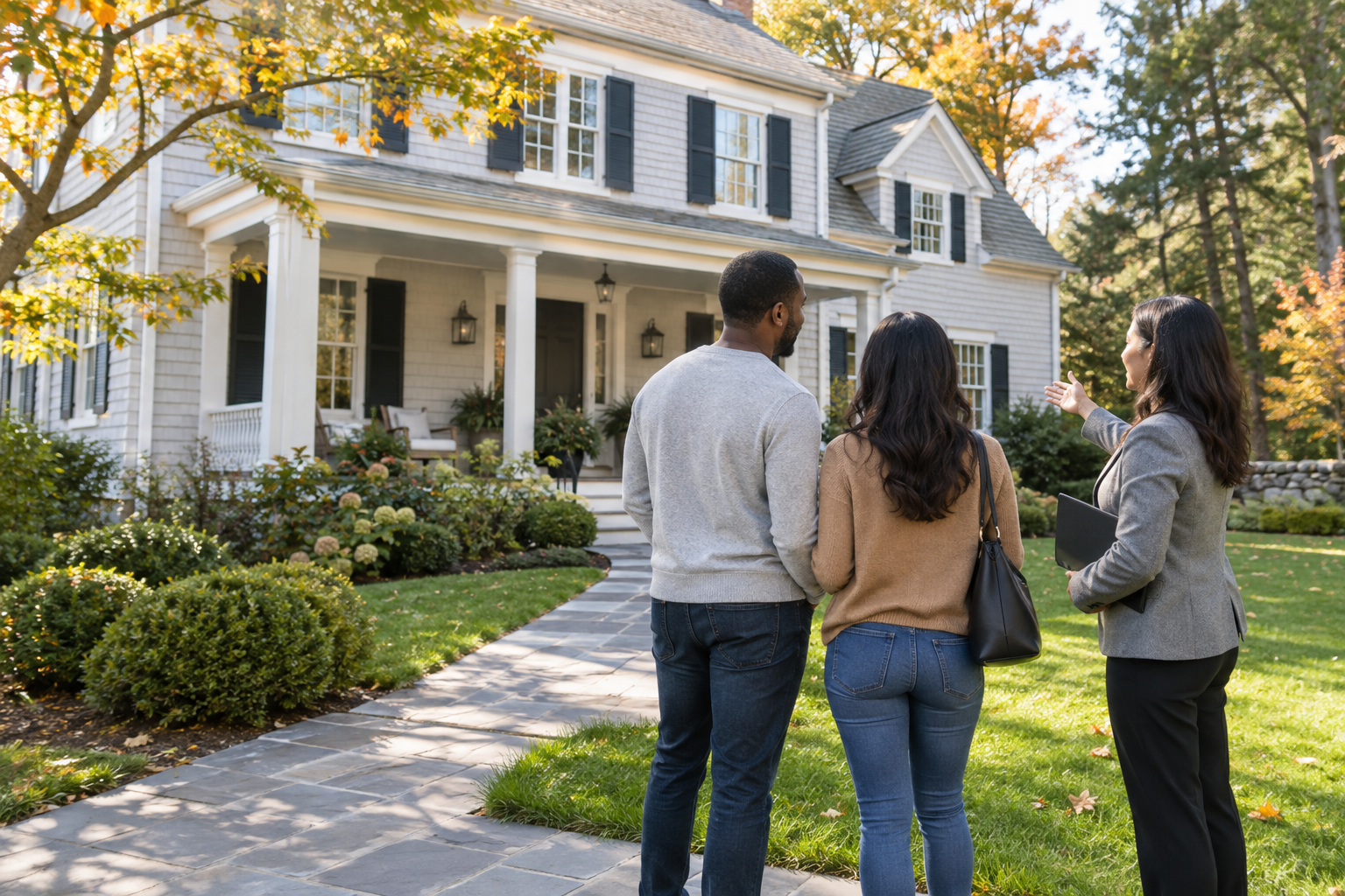 Homebuyers touring a Connecticut home with a real estate agent in fall