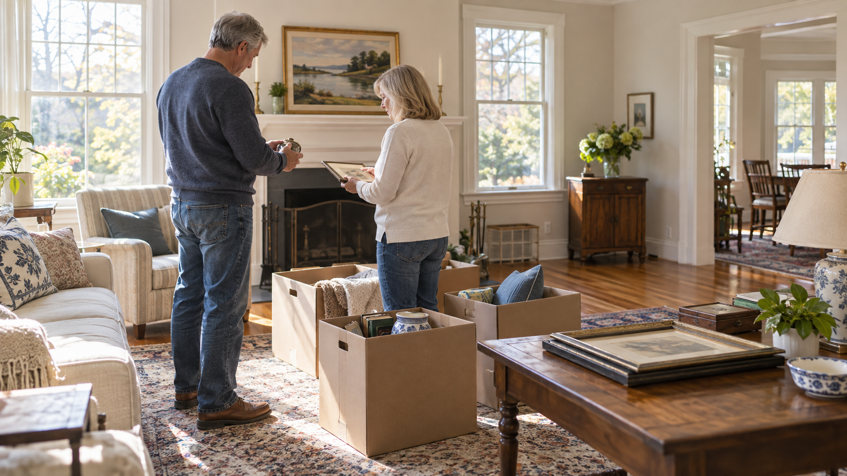 Estate sale or cleanout planning in Connecticut: couple sorting belongings before a move