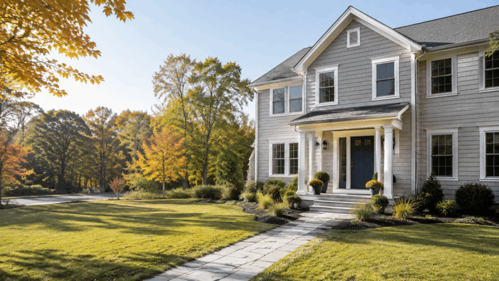 Connecticut home exterior prepared for sale, with tidy landscaping and early-autumn trees.