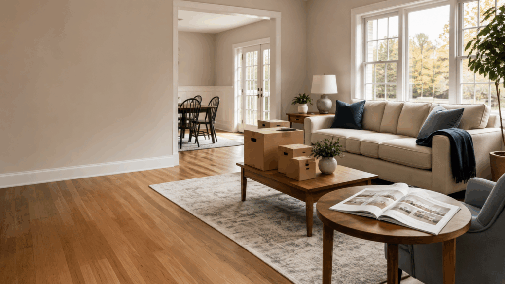 Bright Connecticut living room prepared for a downsizing move, with neatly packed moving boxes and autumn light.